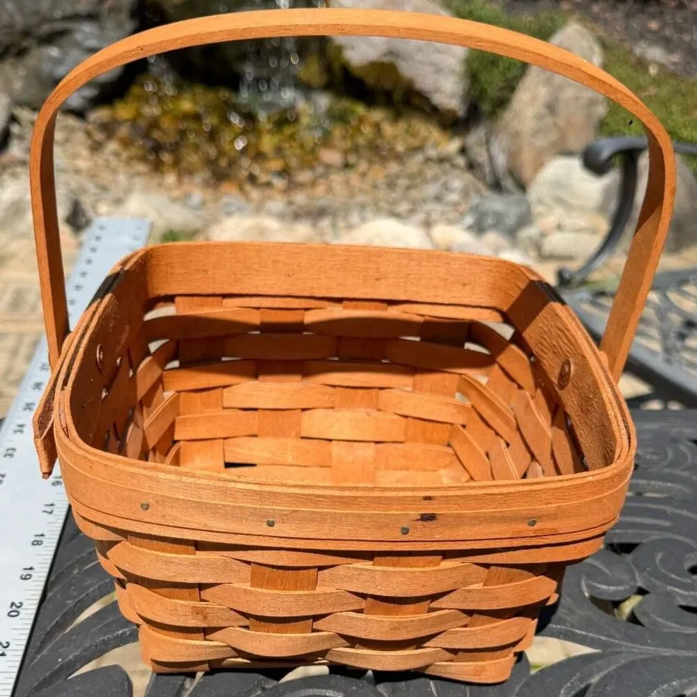 Vintage Longaberger 1989 Square Berry Basket Single Fixed Handle Wood Signed KR
